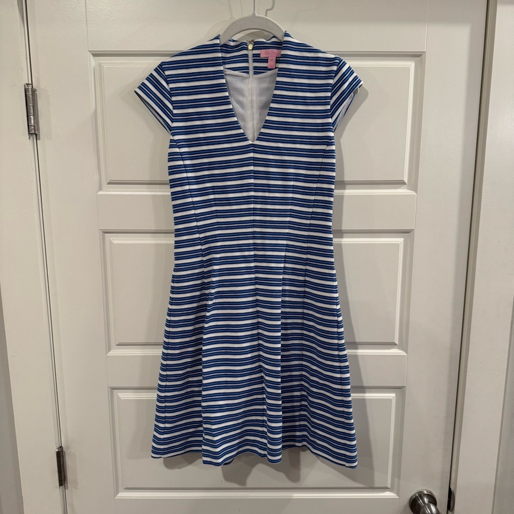 LILLY PULITZER Bree Bay Blue Ottoman Stripe Dress Women Sz XS Blue/White V-Neck